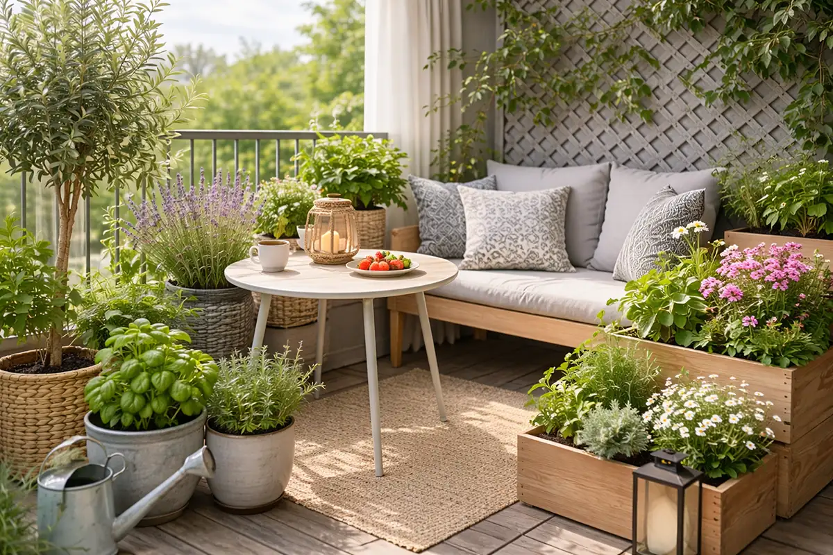 Hyggelig altan med planter og sofa.