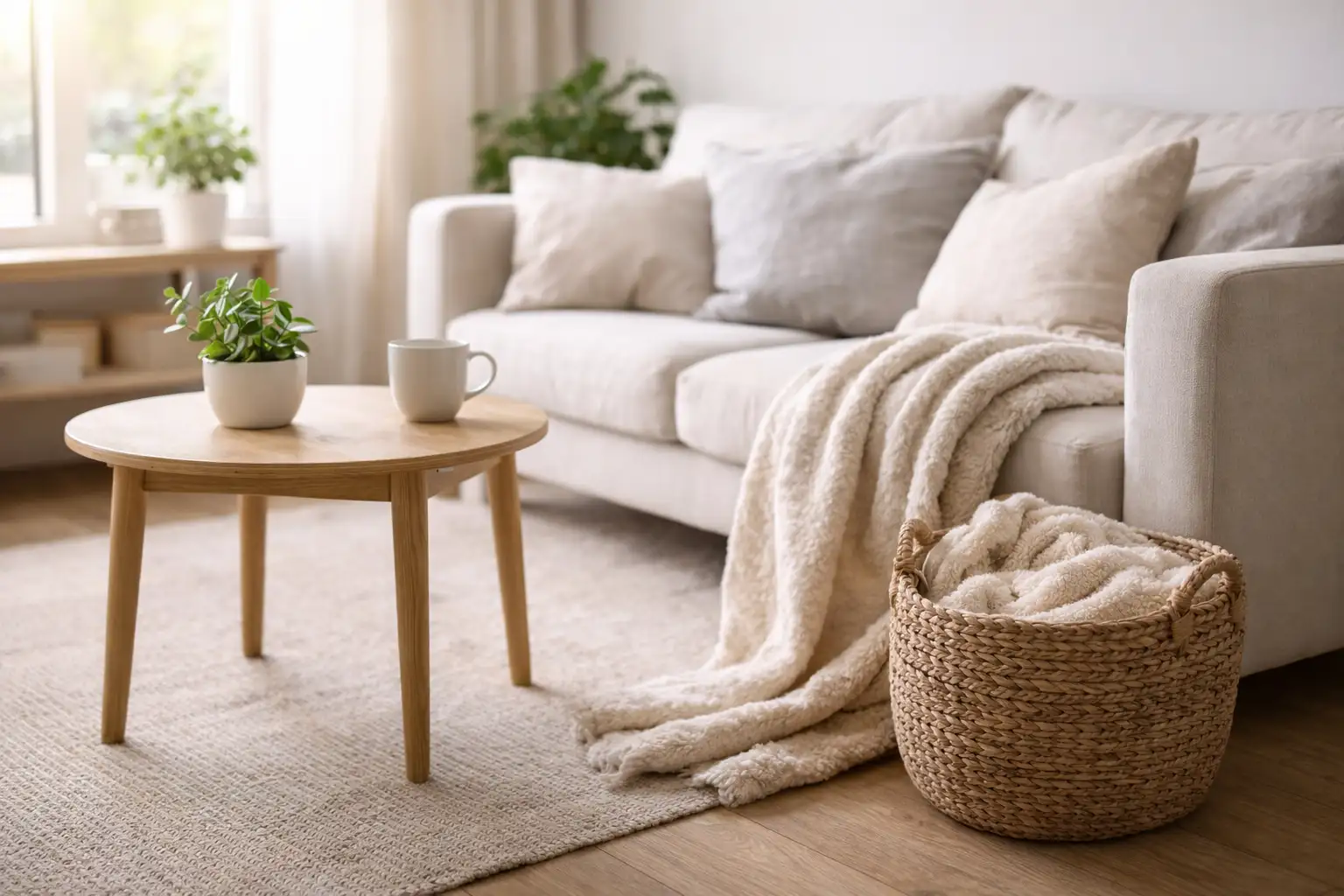 Lys stue med sofa og planter